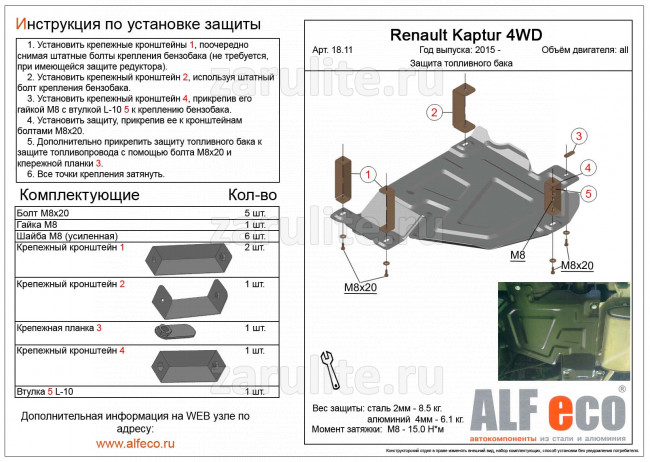 Защита топливного бака Kaptur Duster 2015 сталь 2мм Защита топливного бака Kaptur Duster 2015 сталь 2мм